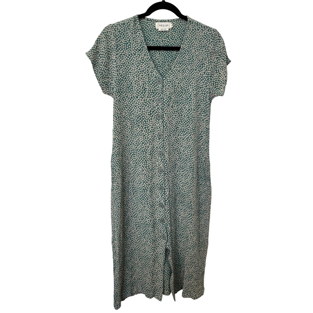 Indi & Cold Green Ditsy Floral Button Front Viscose Midi Tea Dress Size M